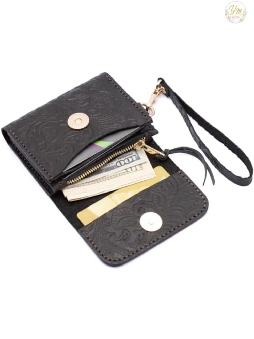 Handmade Genuine Leather Wristlet Wallet Women Western Floral Card Holder